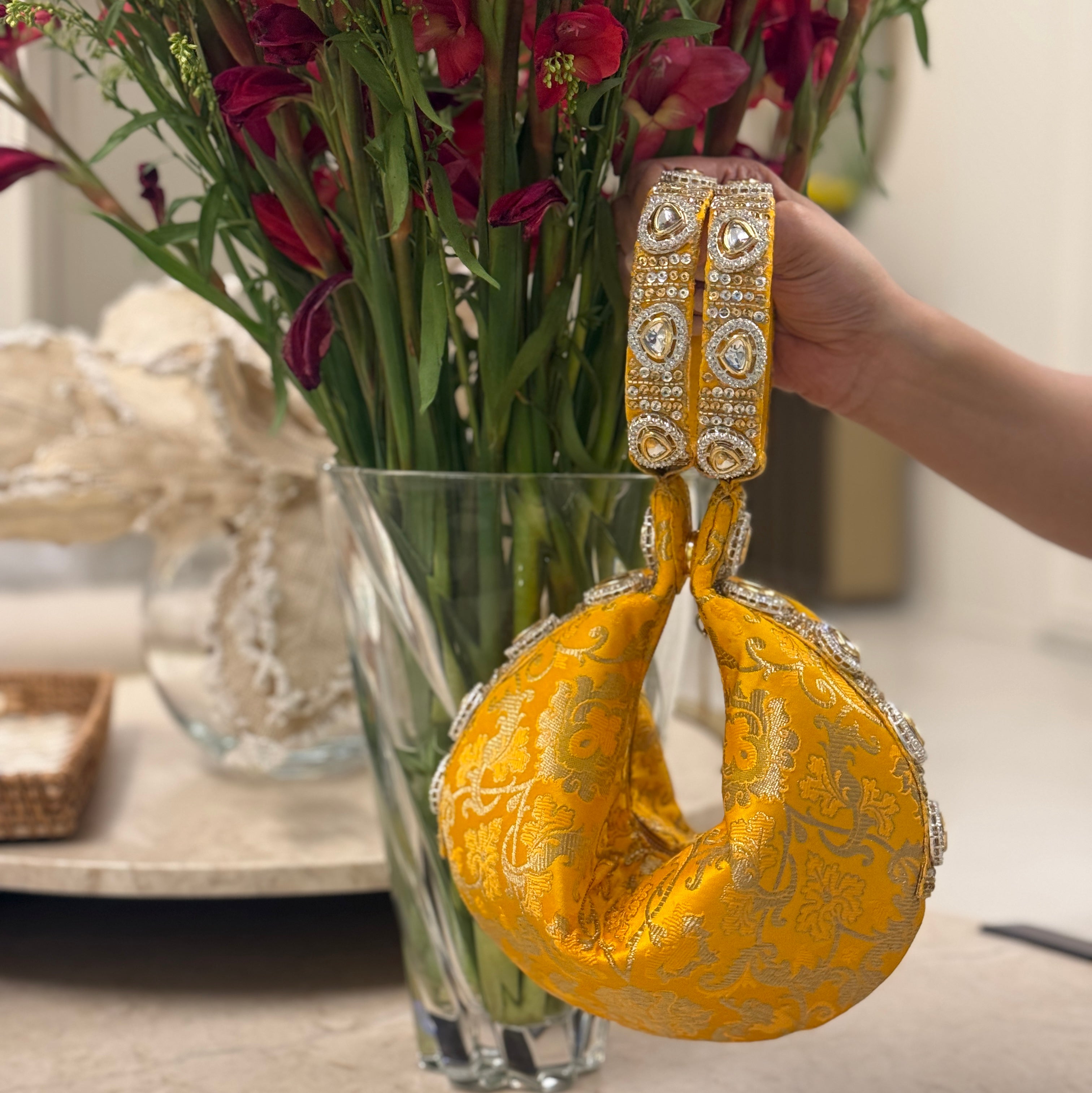Kundan Brocade yellow Potli