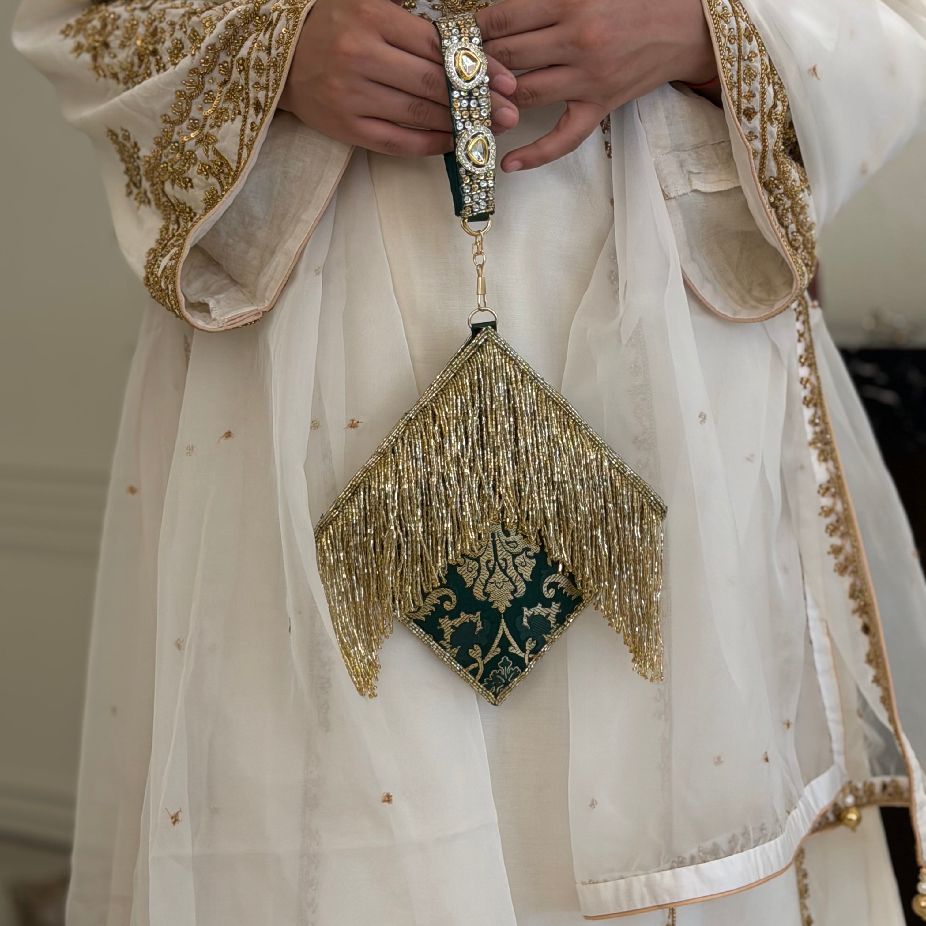 Opulence Purse In Brocade Green With Tassels