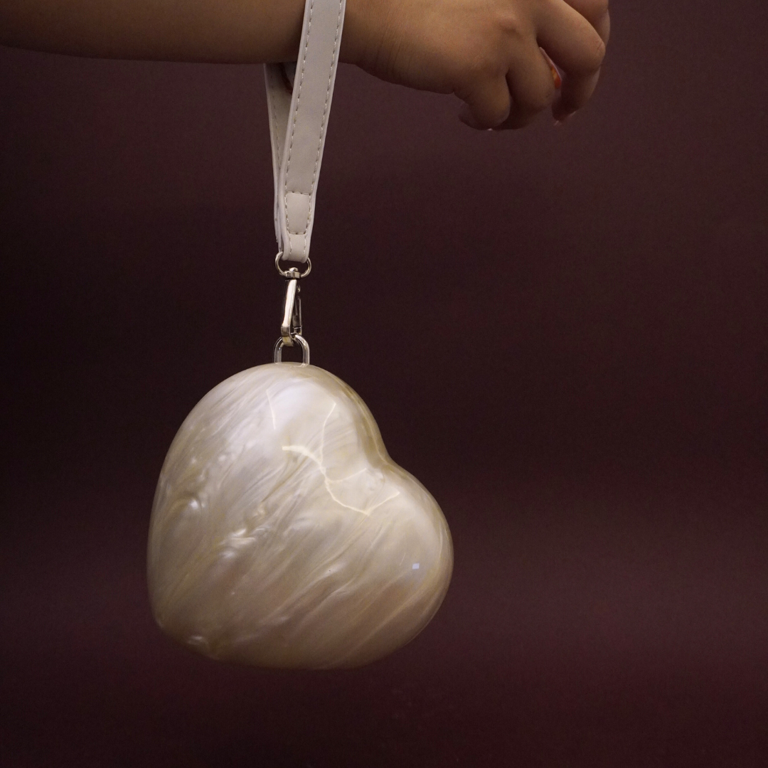 Molten Heart Mini Acrylic Clutch with pearl crossbody strap