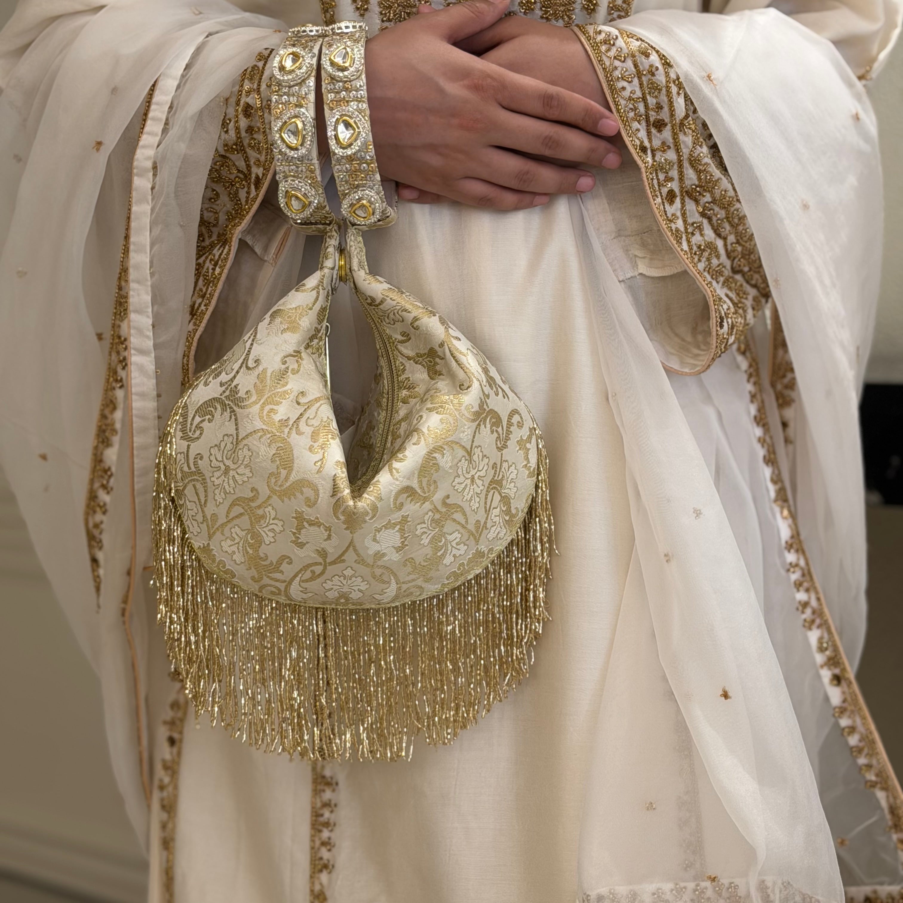 Kundan Brocade Ivory Potli With Tassels