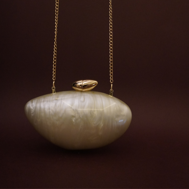 Acrylic Gold Shell Clutch with detachable Sling