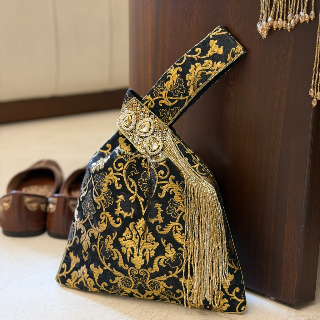 Triangular Brocade Potli Bag In Black With Tassels