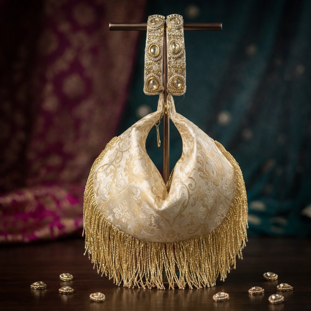 Kundan Brocade Ivory Potli With Tassels