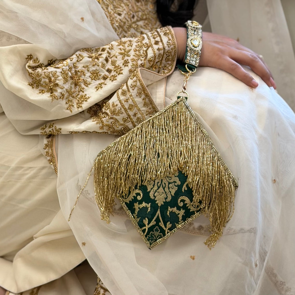 Opulence Purse In Brocade Green With Tassels