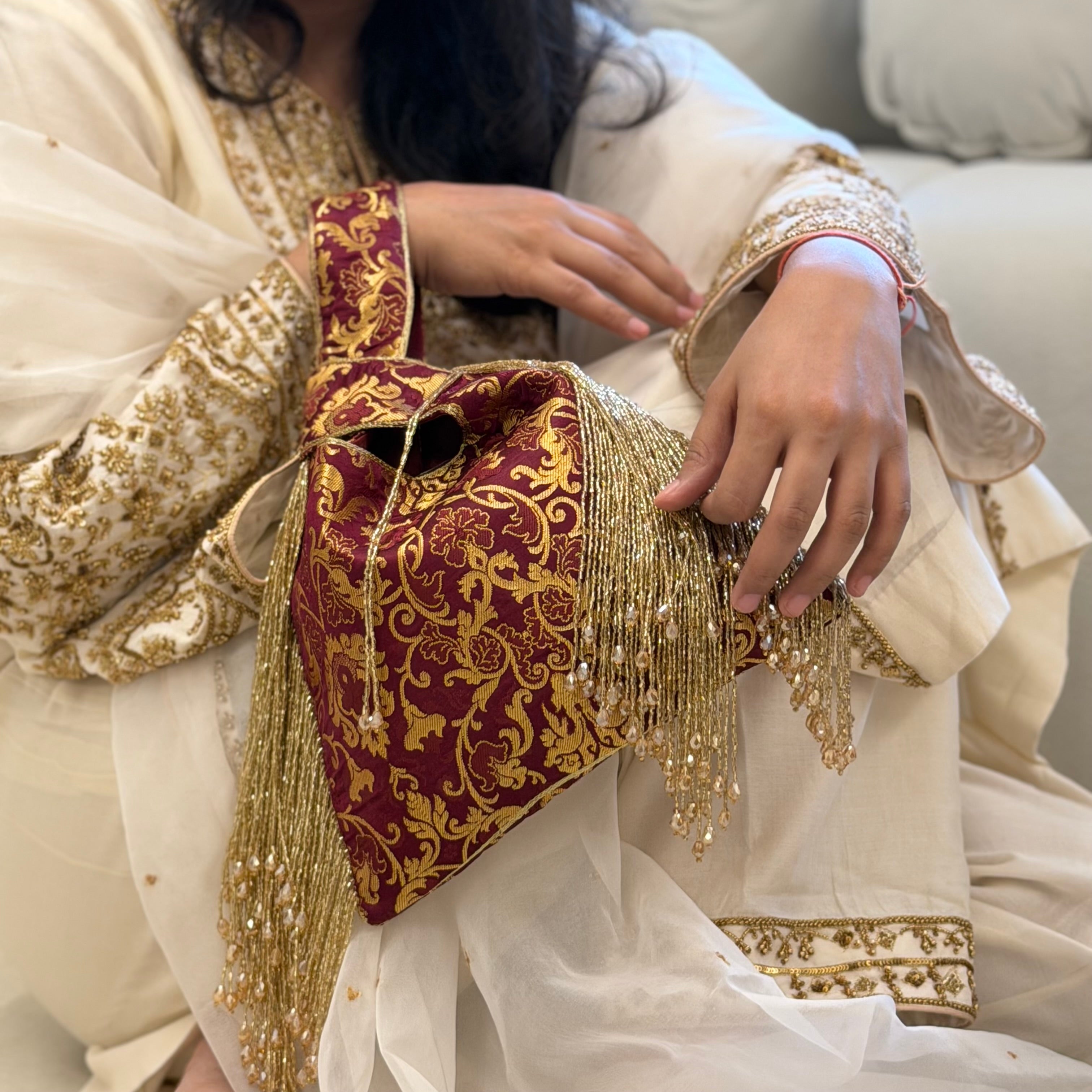 Triangular Brocade Potli Bag With Side Tassels