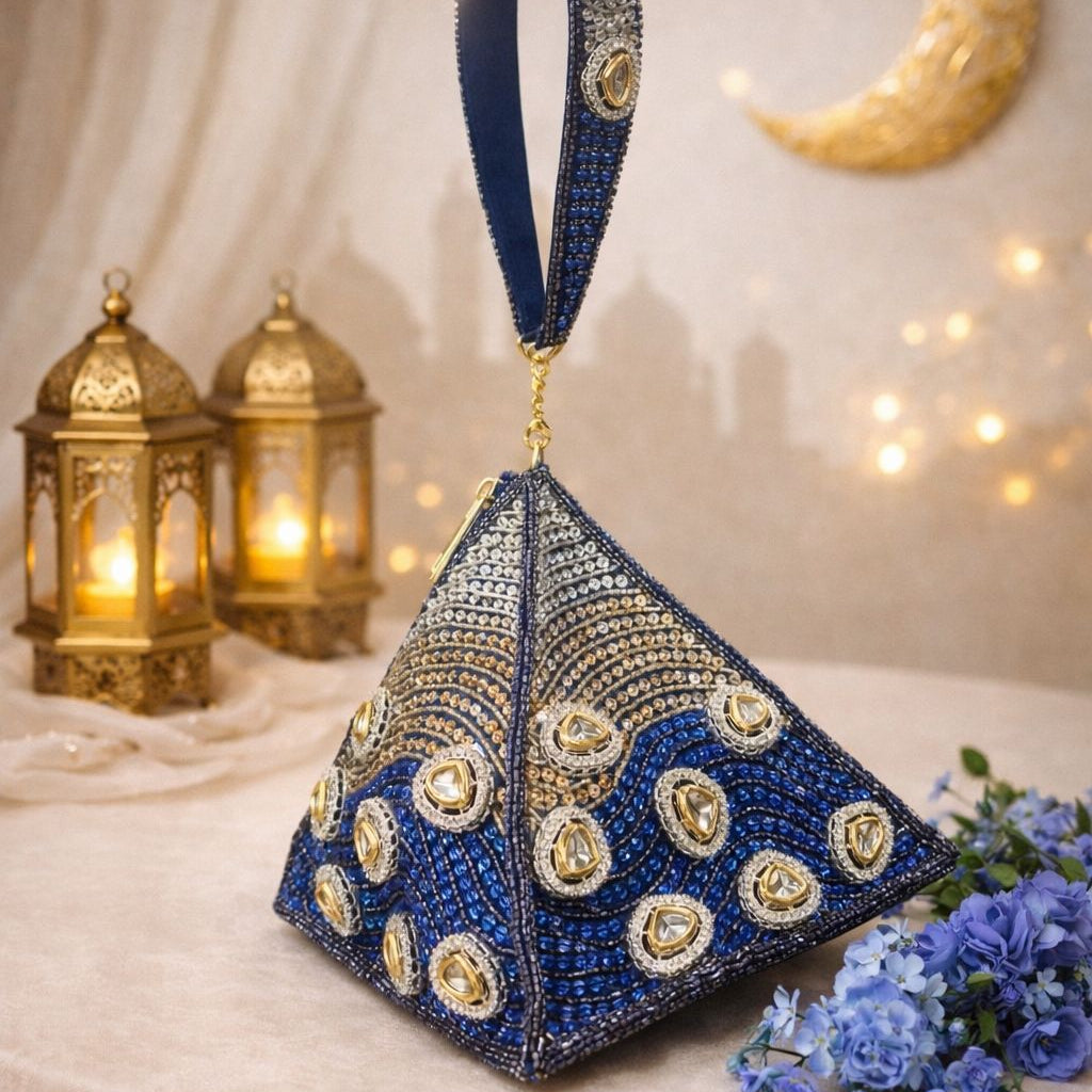 Azure Polki Pyramid Clutch Blue | With Detachable  Handle