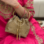 Golden Embellished Bucket Bag with Detachable Sling