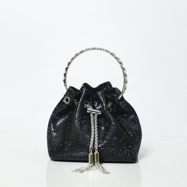 Black Embellished Bucket Bag with Detachable Sling