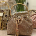 Golden Embellished Bucket Bag with Detachable Sling