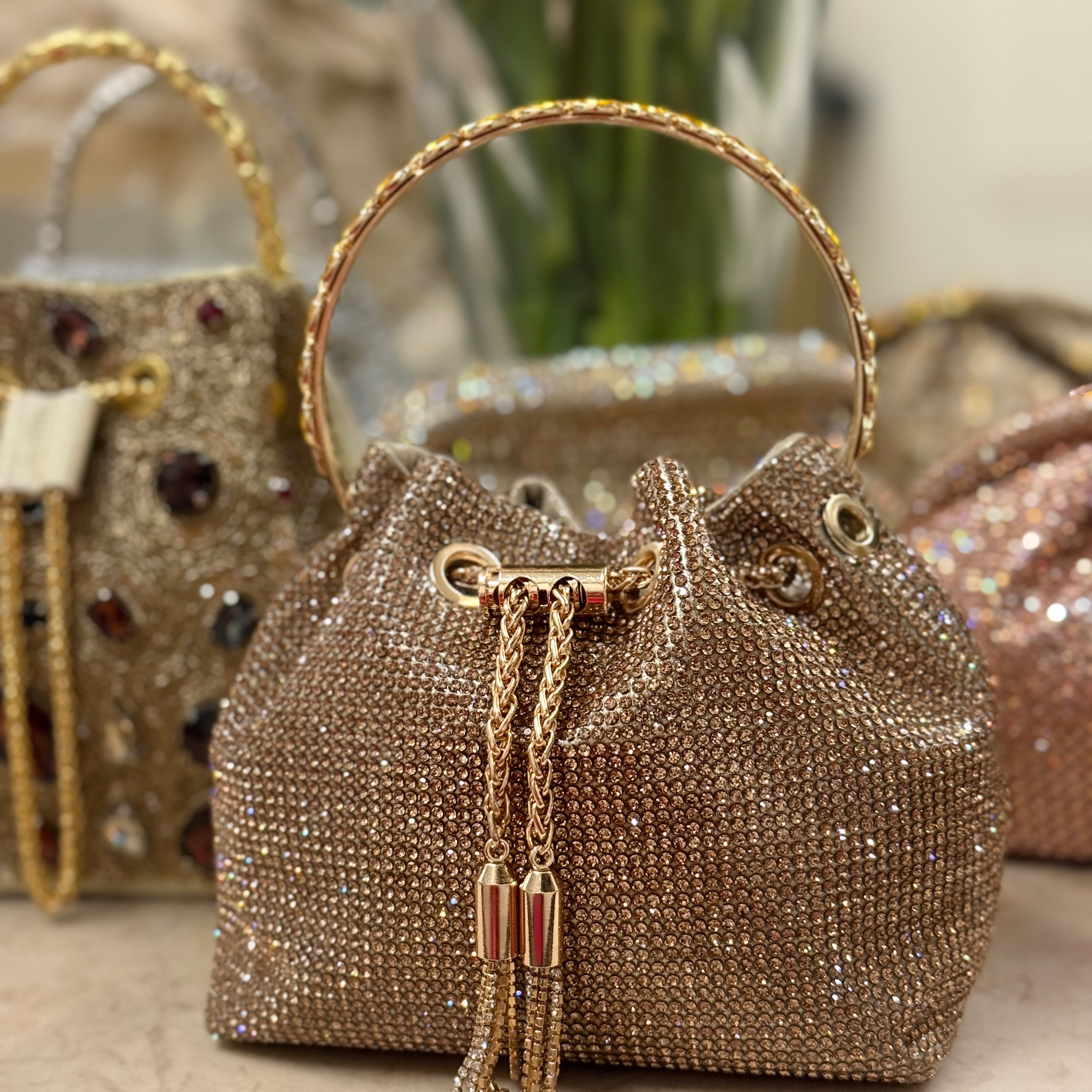Golden Embellished Bucket Bag with Detachable Sling
