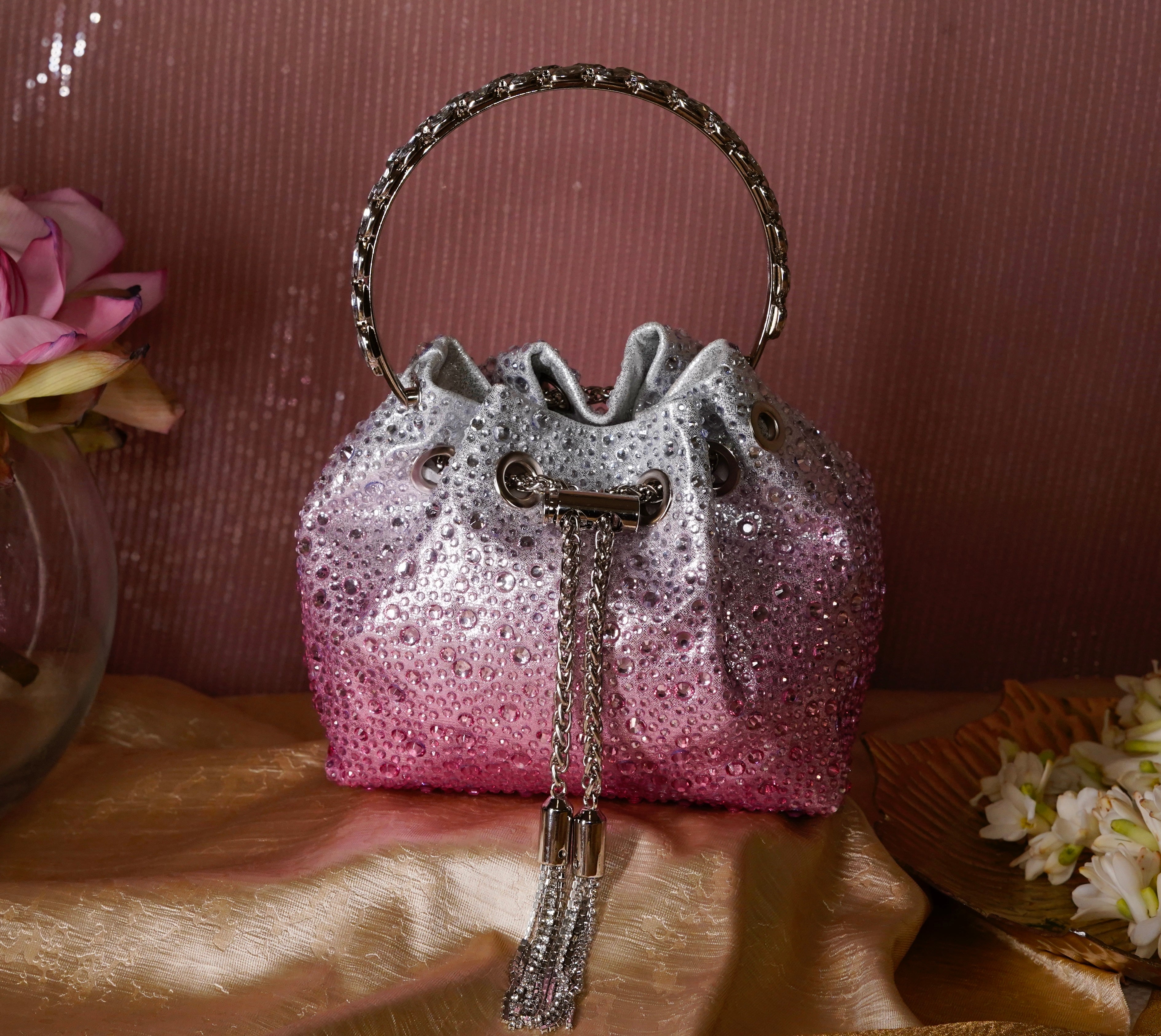 Pink Ombre Embellished Bucket Bag with Detachable Sling
