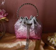 Pink Ombre Embellished Bucket Bag with Detachable Sling