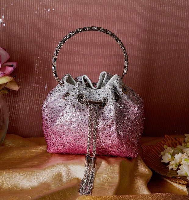 Pink Ombre Embellished Bucket Bag with Detachable Sling