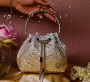 Golden & Silver Ombre Embellished Bucket Bag with Detachable Sling