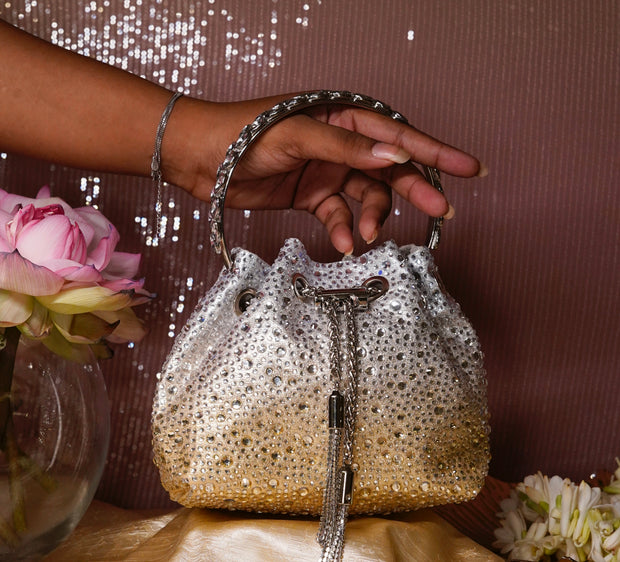 Golden & Silver Ombre Embellished Bucket Bag with Detachable Sling