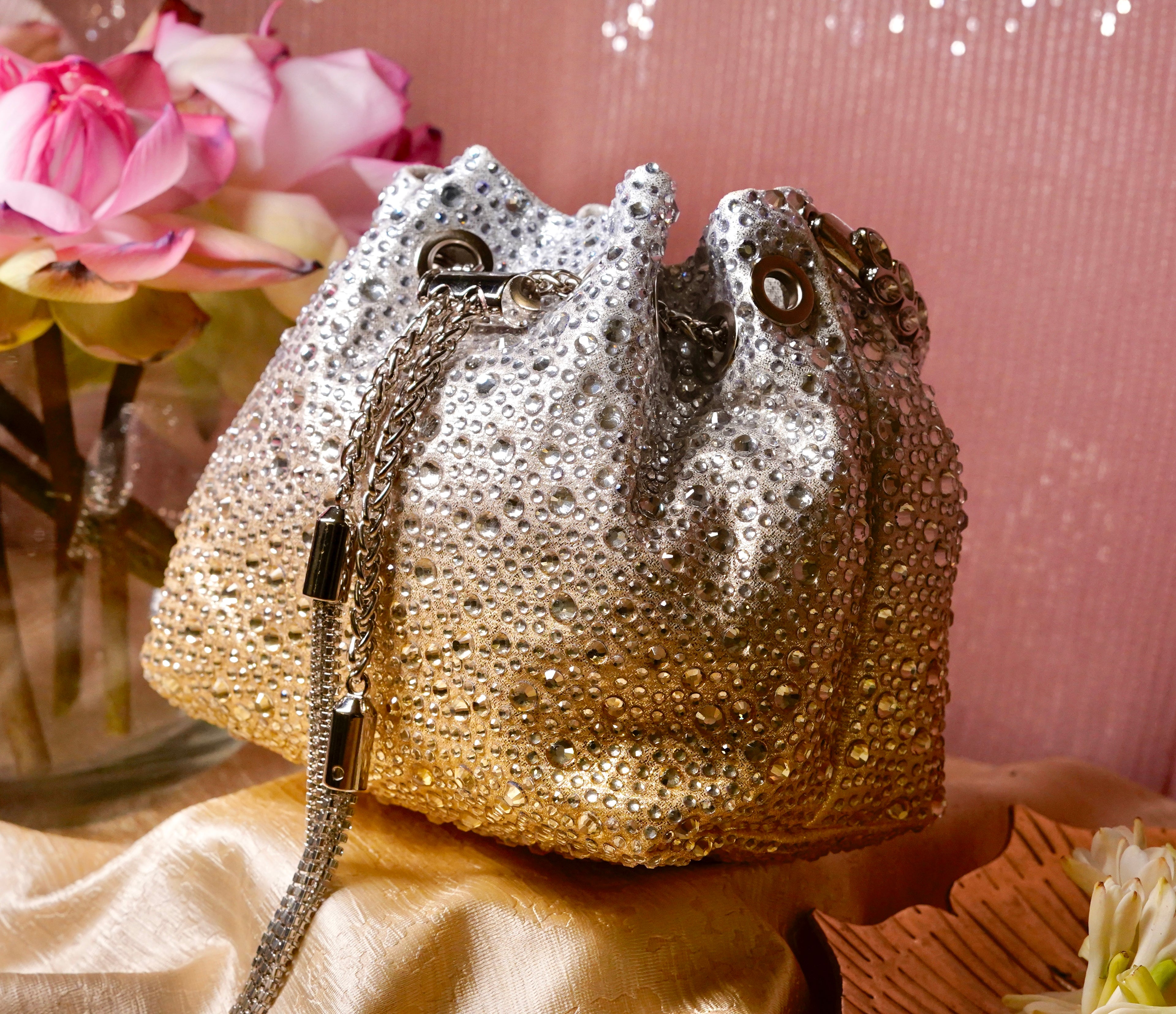 Golden & Silver Ombre Embellished Bucket Bag with Detachable Sling