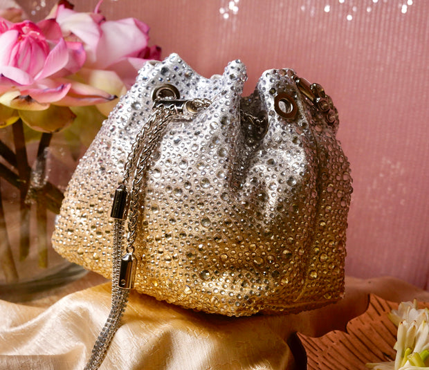 Golden & Silver Ombre Embellished Bucket Bag with Detachable Sling