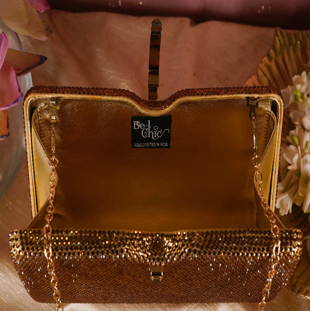 Gold Crystal Clutch Rectangle | With Detachable Sling