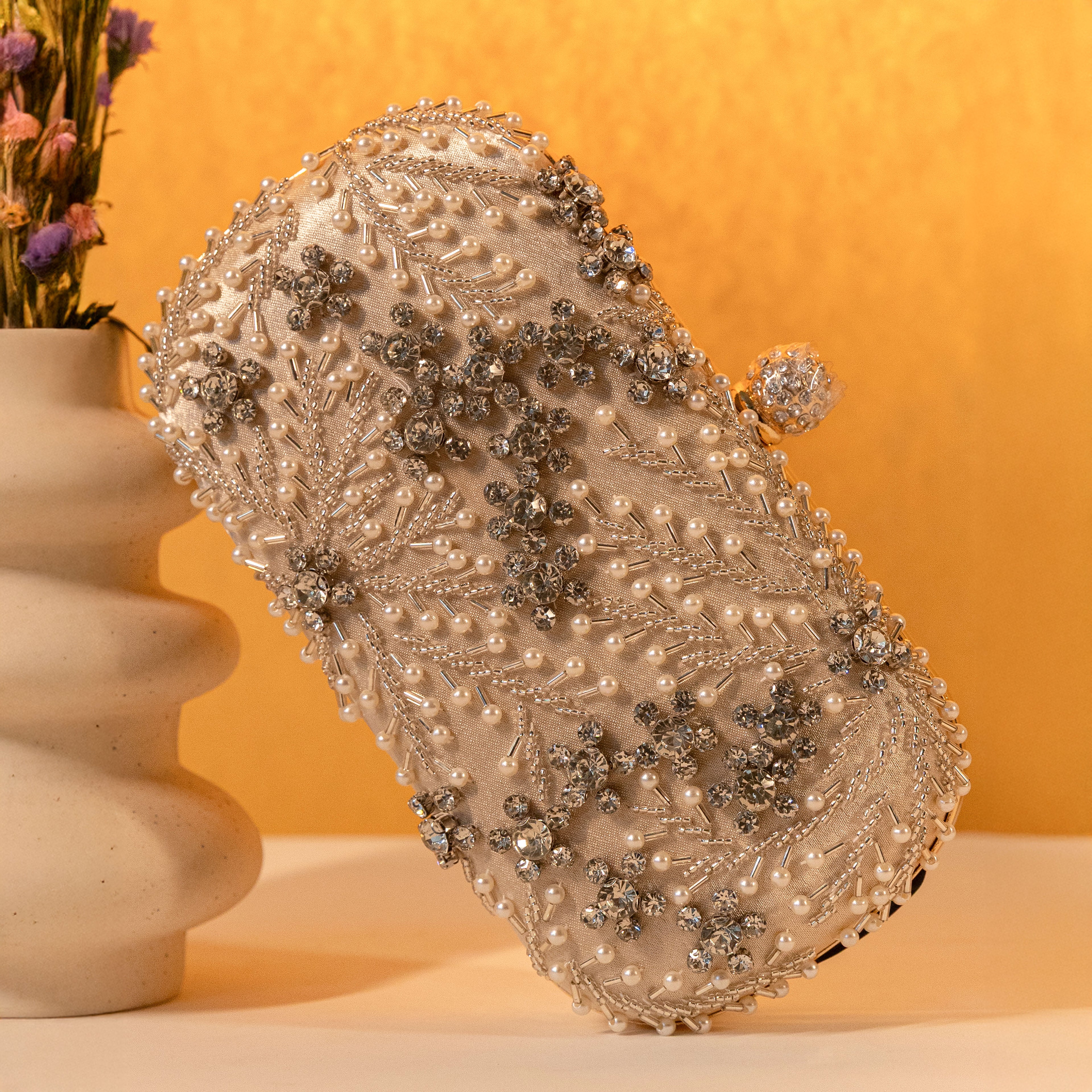 Ivory Crystal Embroidered Clutch with Detachable Sling