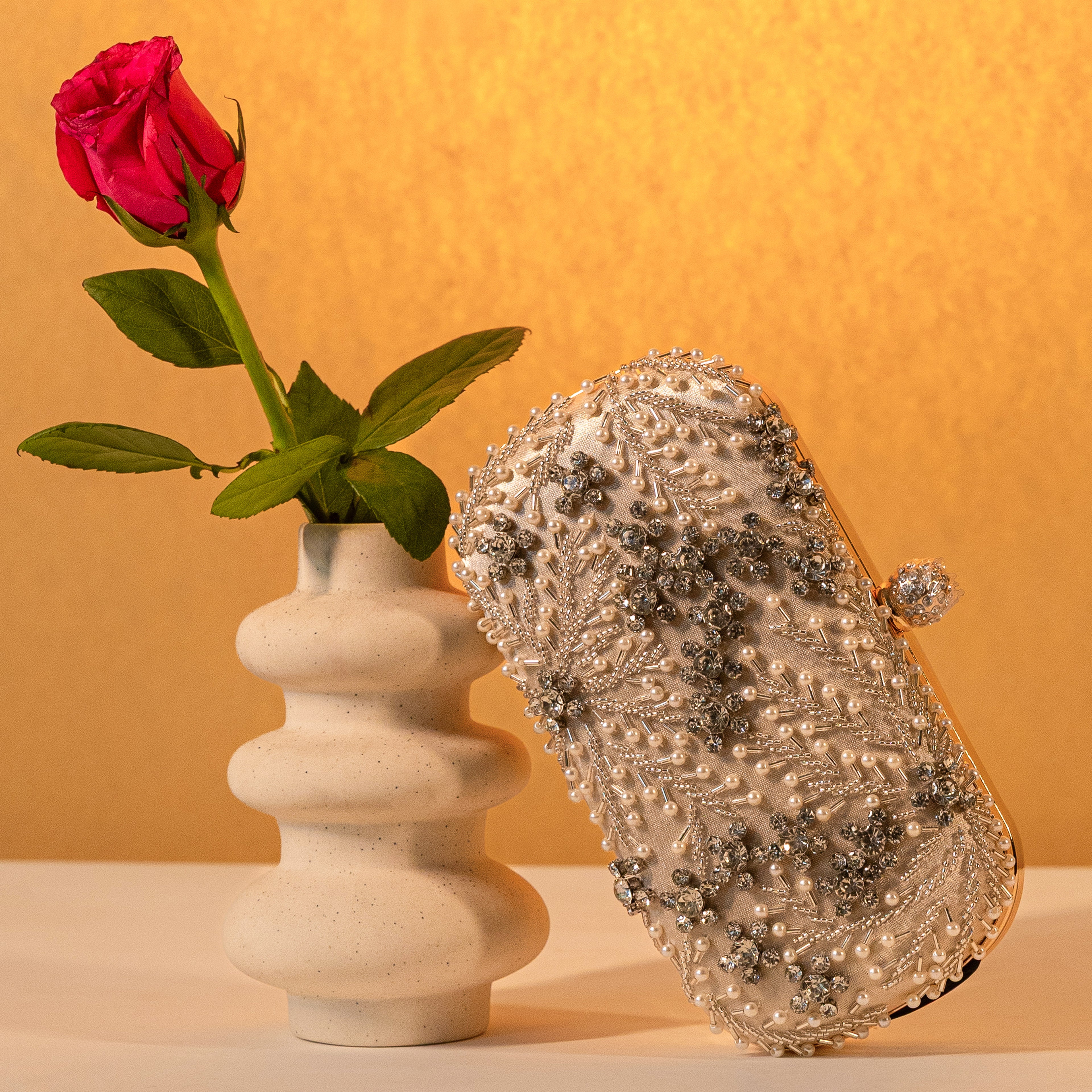Ivory Crystal Embroidered Clutch with Detachable Sling