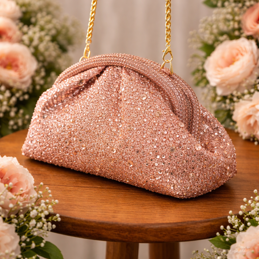 Rhinestone Crystal Bag in Rose Gold