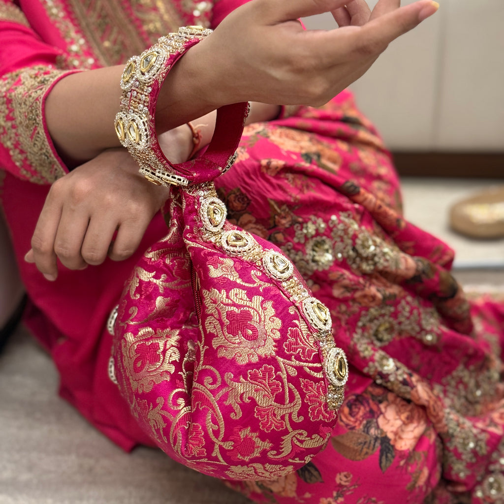 Kundan Brocade Pink Potli