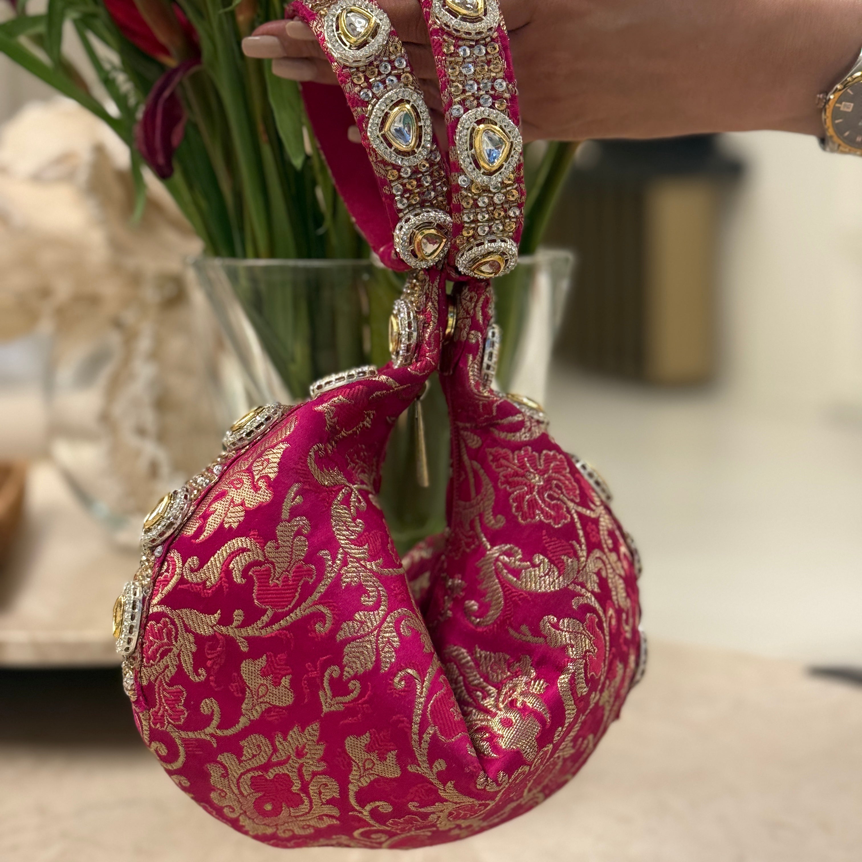 Kundan Brocade Pink Potli