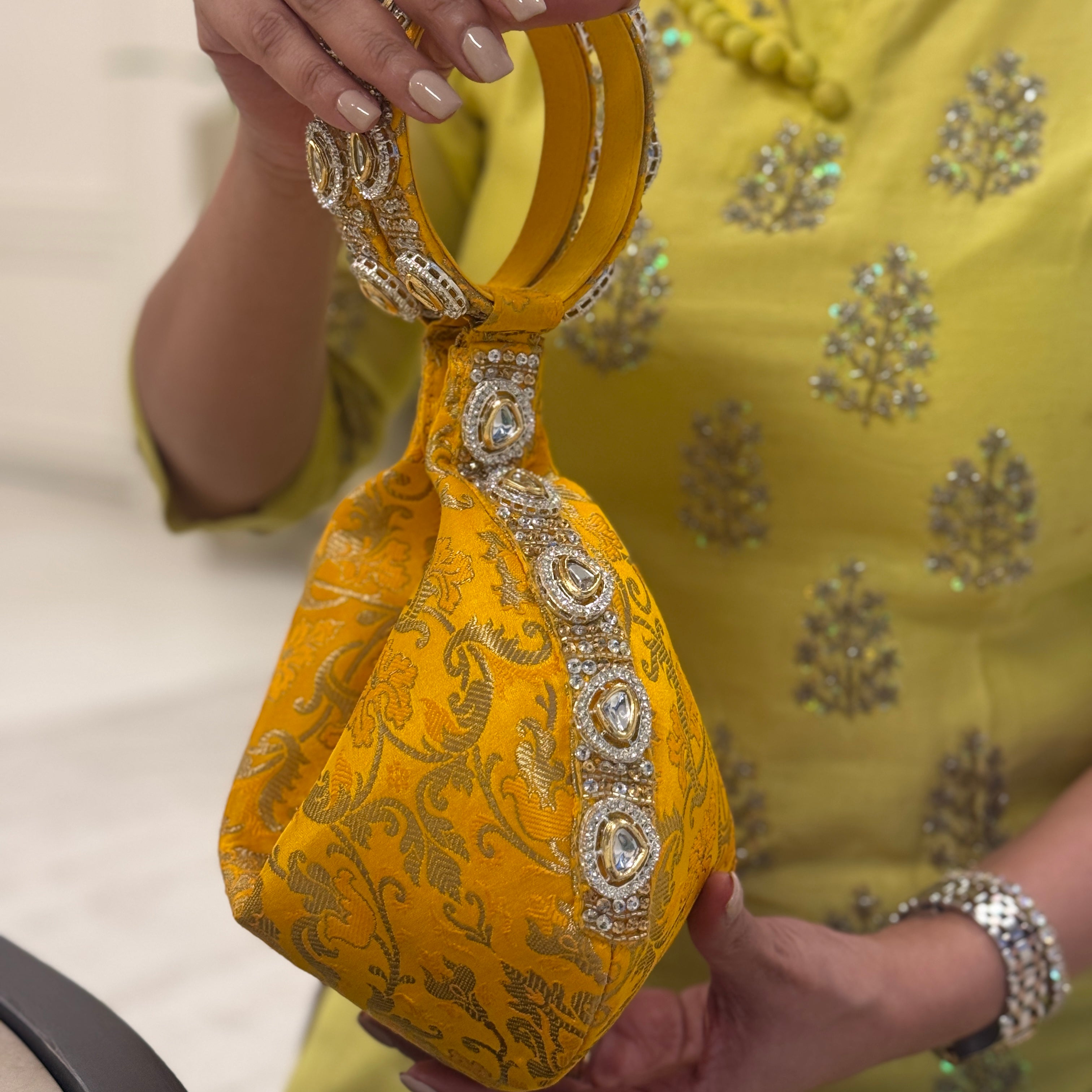 Kundan Brocade yellow Potli