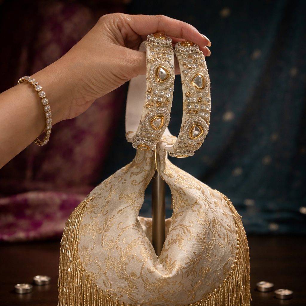 Kundan Brocade Ivory Potli With Tassels