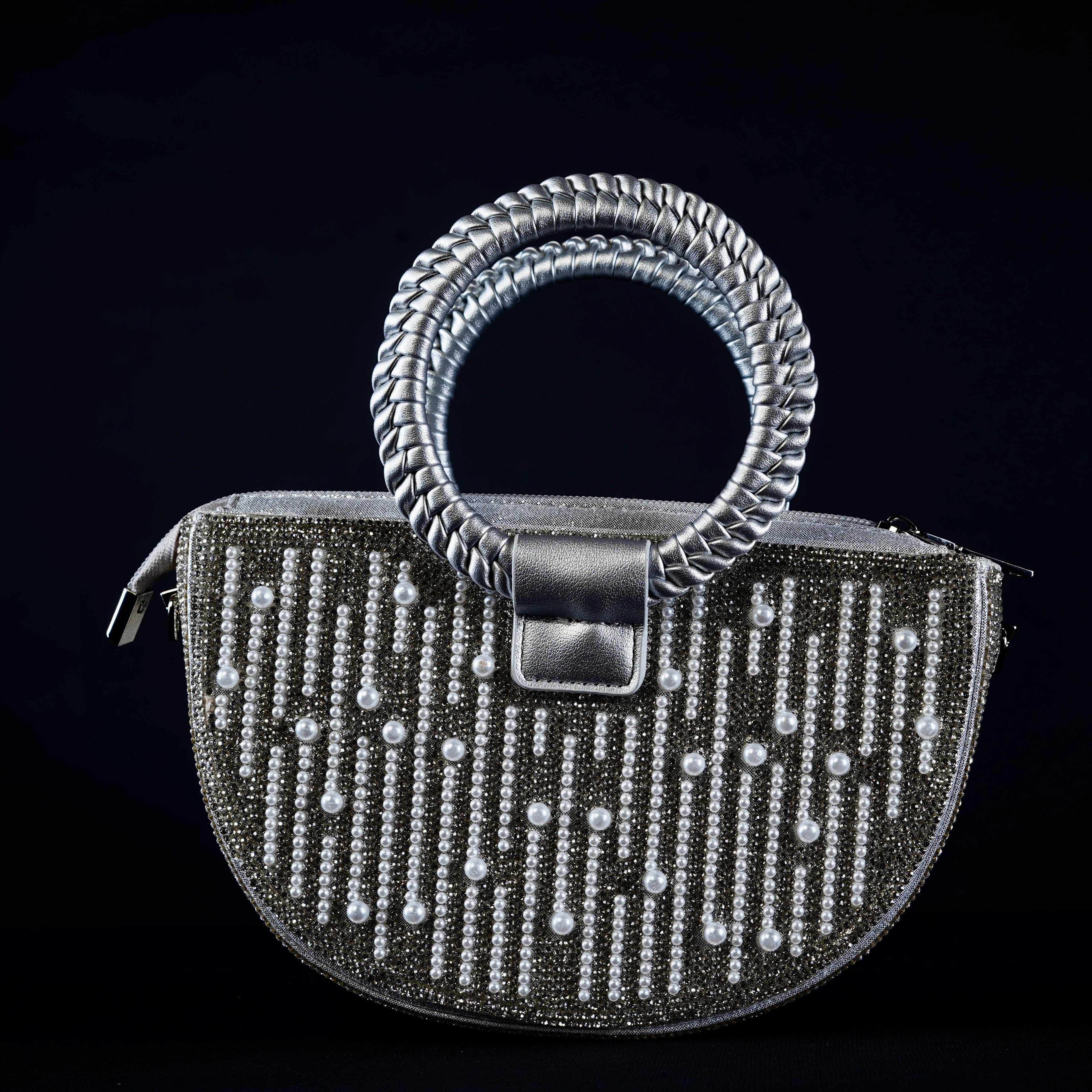 Silver Pearl Cascade Crystal Handbag