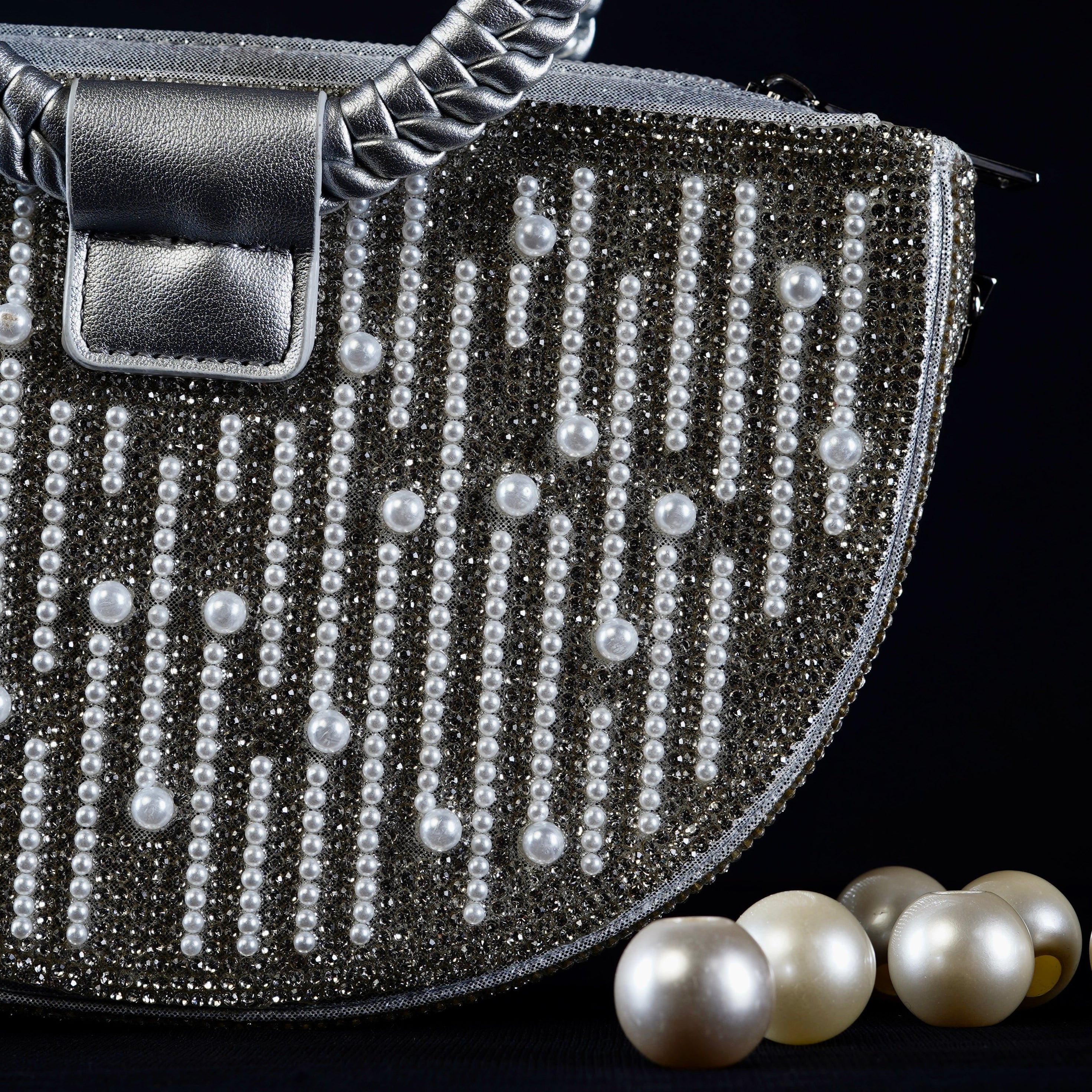 Silver Pearl Cascade Crystal Handbag