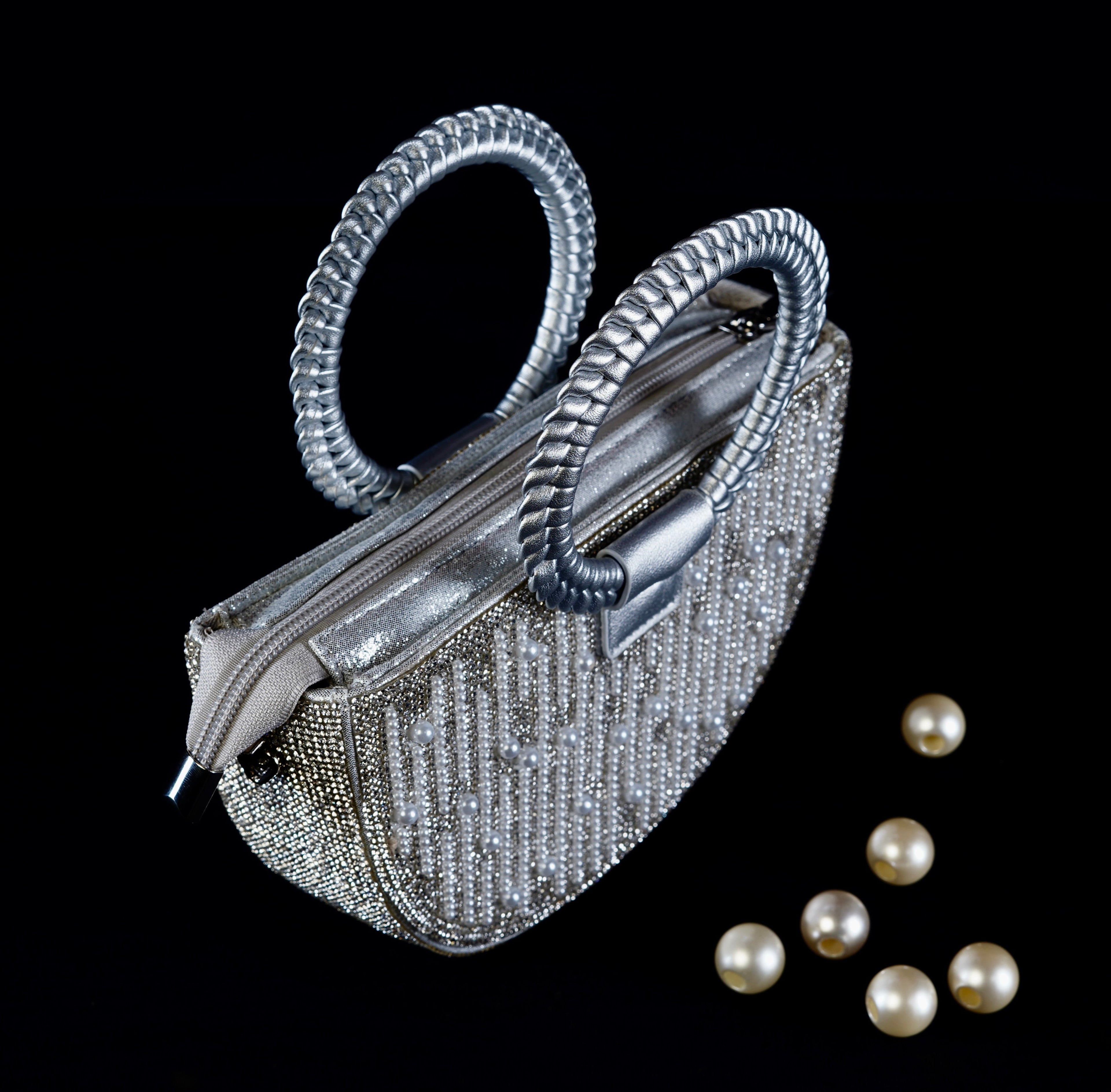 Silver Pearl Cascade Crystal Handbag