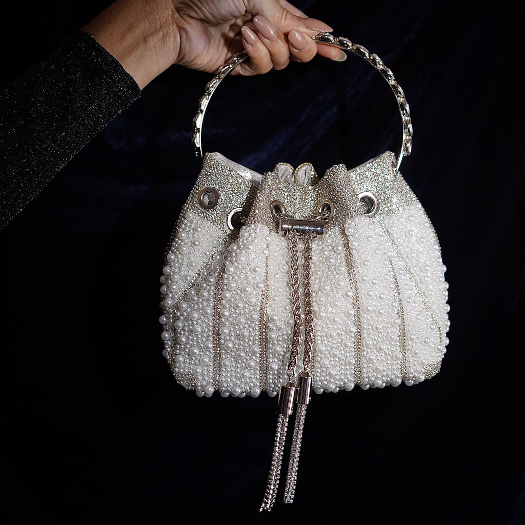 Pearl Cascade Drawstring Bucket Bag