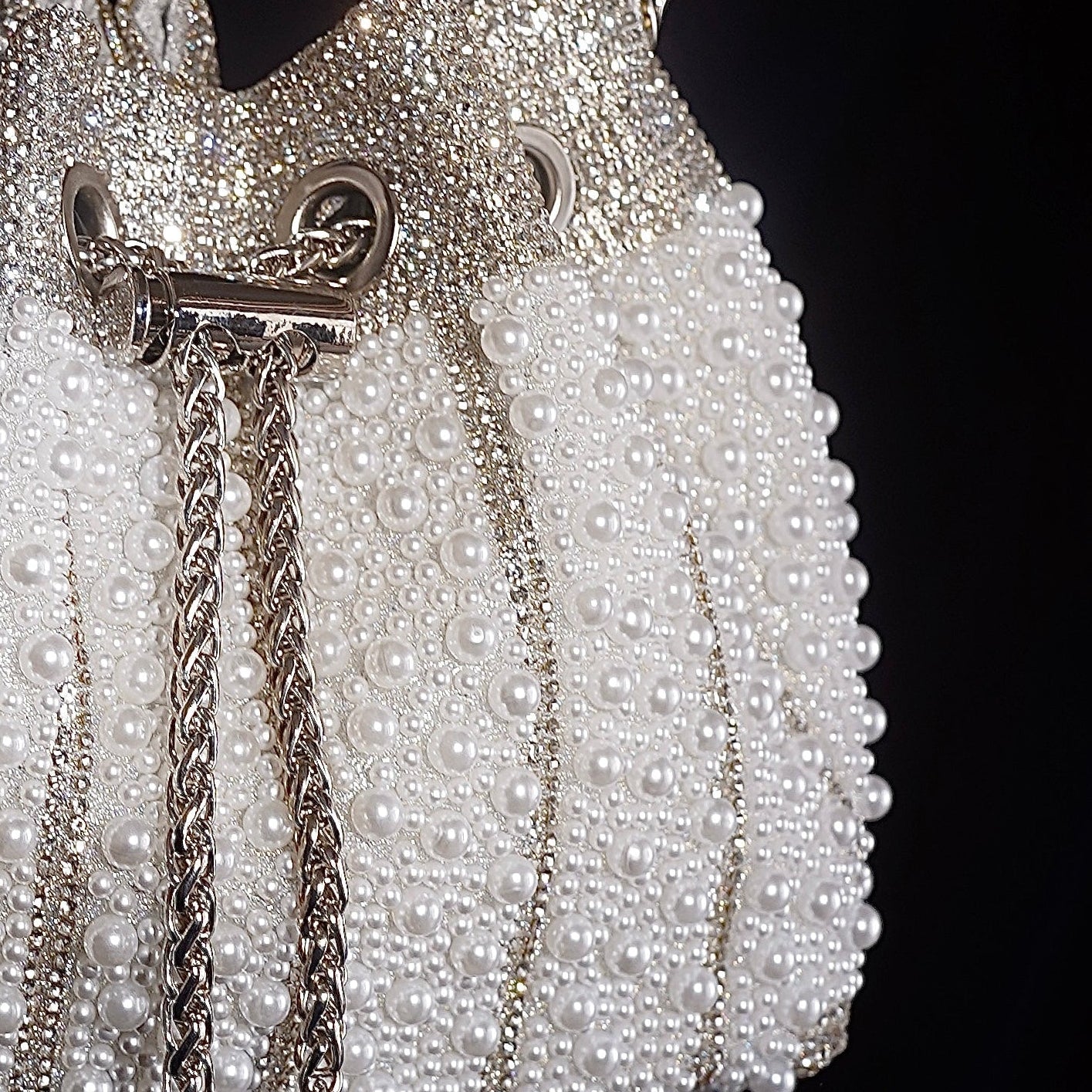 Pearl Cascade Drawstring Bucket Bag