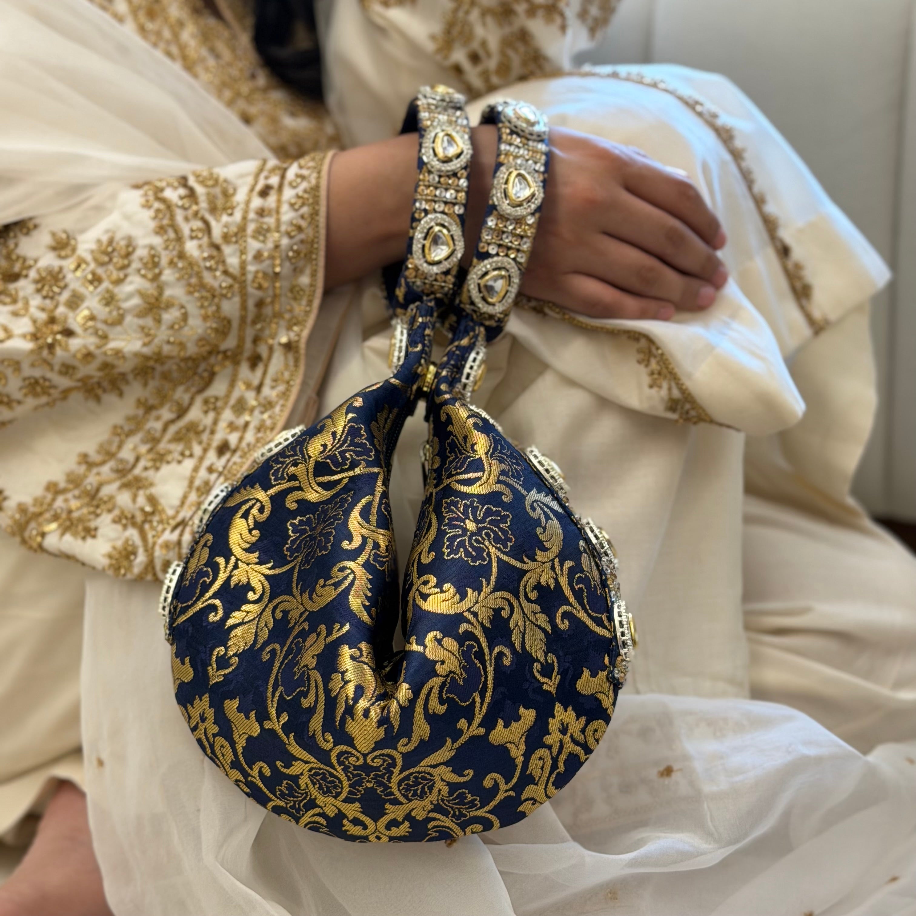 Kundan Brocade Blue Potli