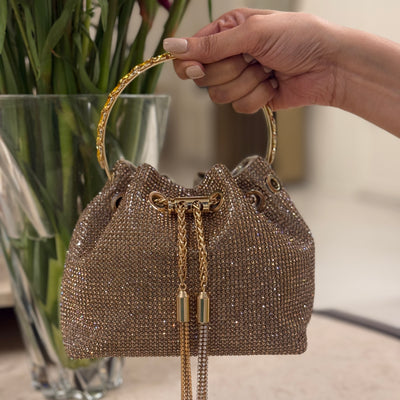 Golden Embellished Bucket Bag with Detachable Sling