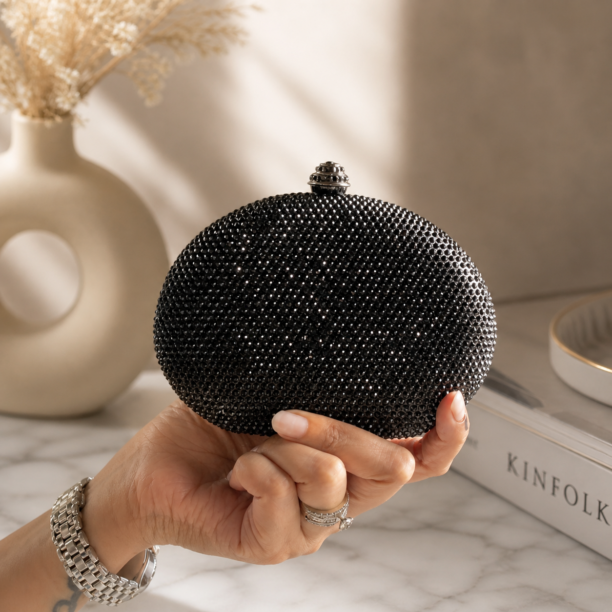 Mini Crystal Clutch Black Semicircle