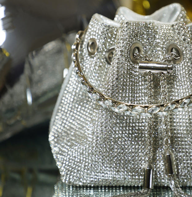 Silver Embellished Bucket Bag with Detachable Sling