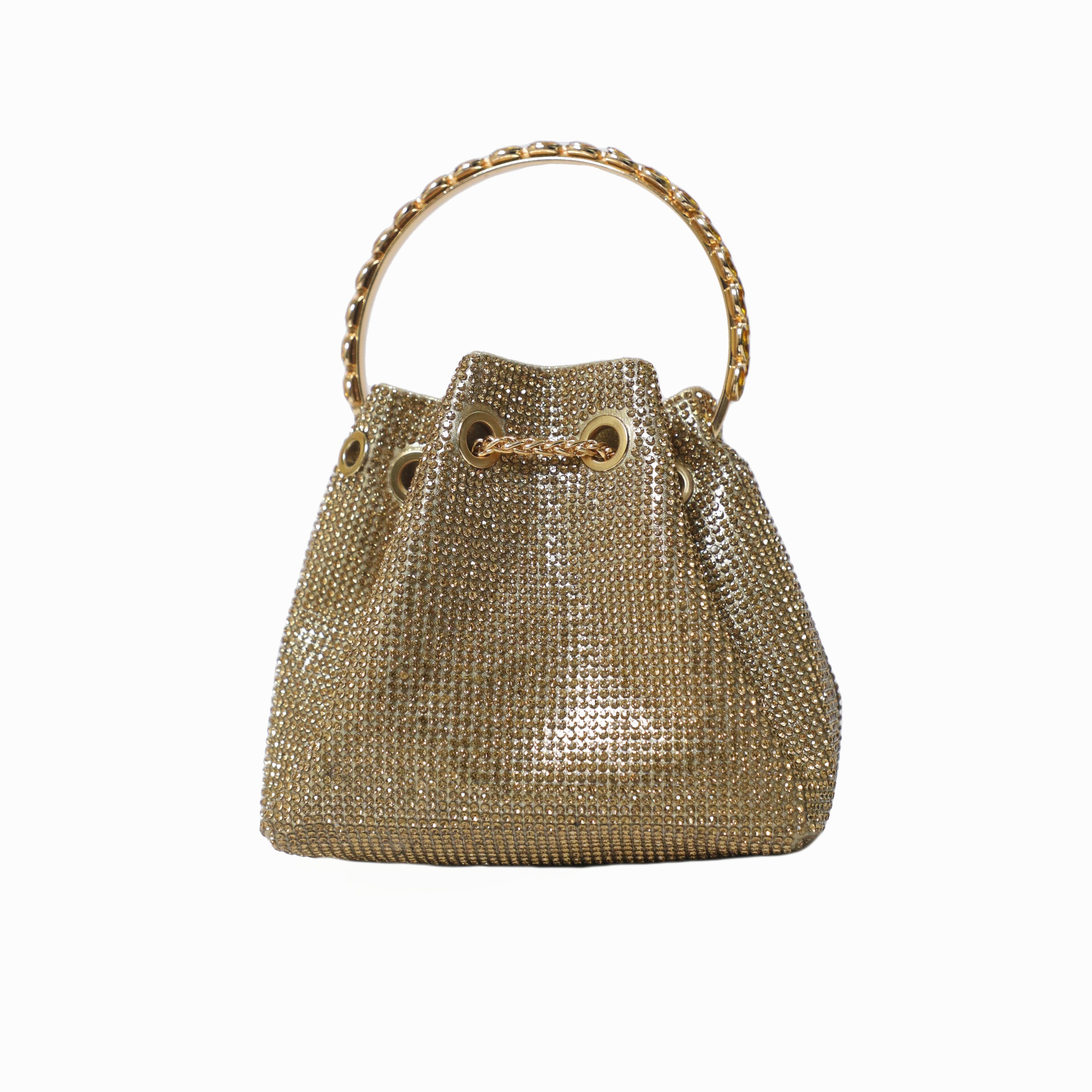 Golden Embellished Bucket Bag with Detachable Sling