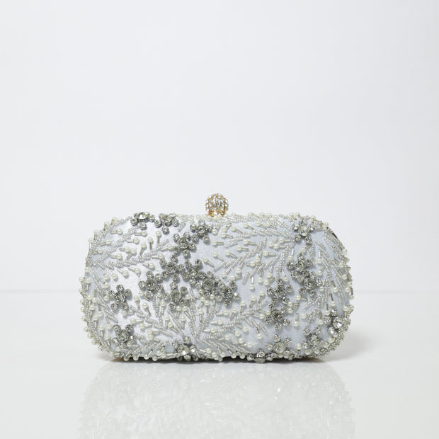 Silver Crystal Embroidered Clutch with Detachable Sling