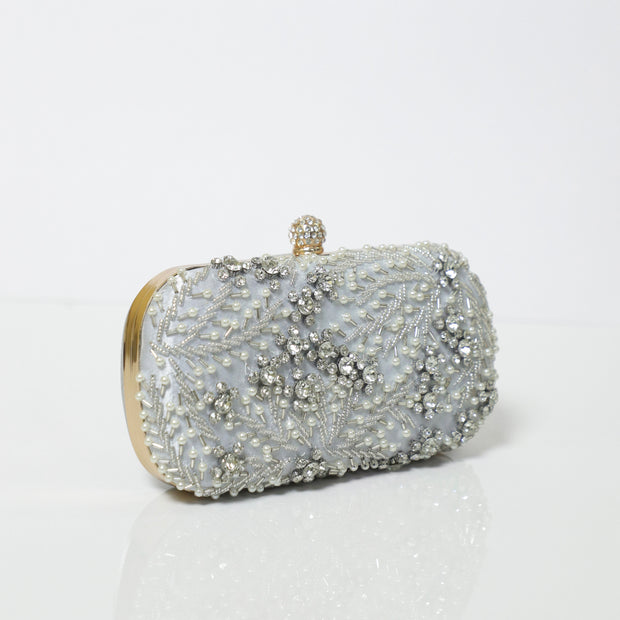 Silver Crystal Embroidered Clutch with Detachable Sling