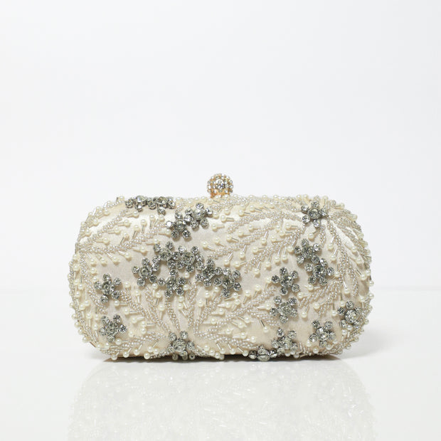 Ivory Crystal Embroidered Clutch with Detachable Sling