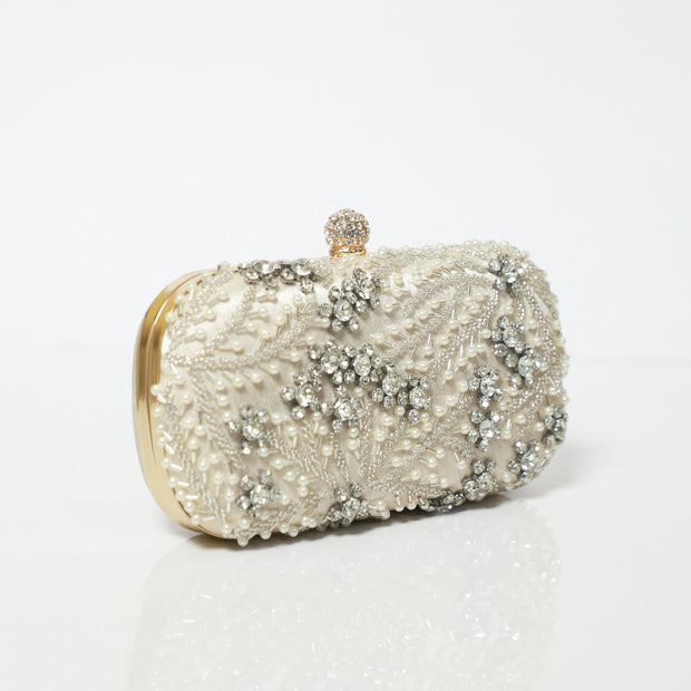 Ivory Crystal Embroidered Clutch with Detachable Sling