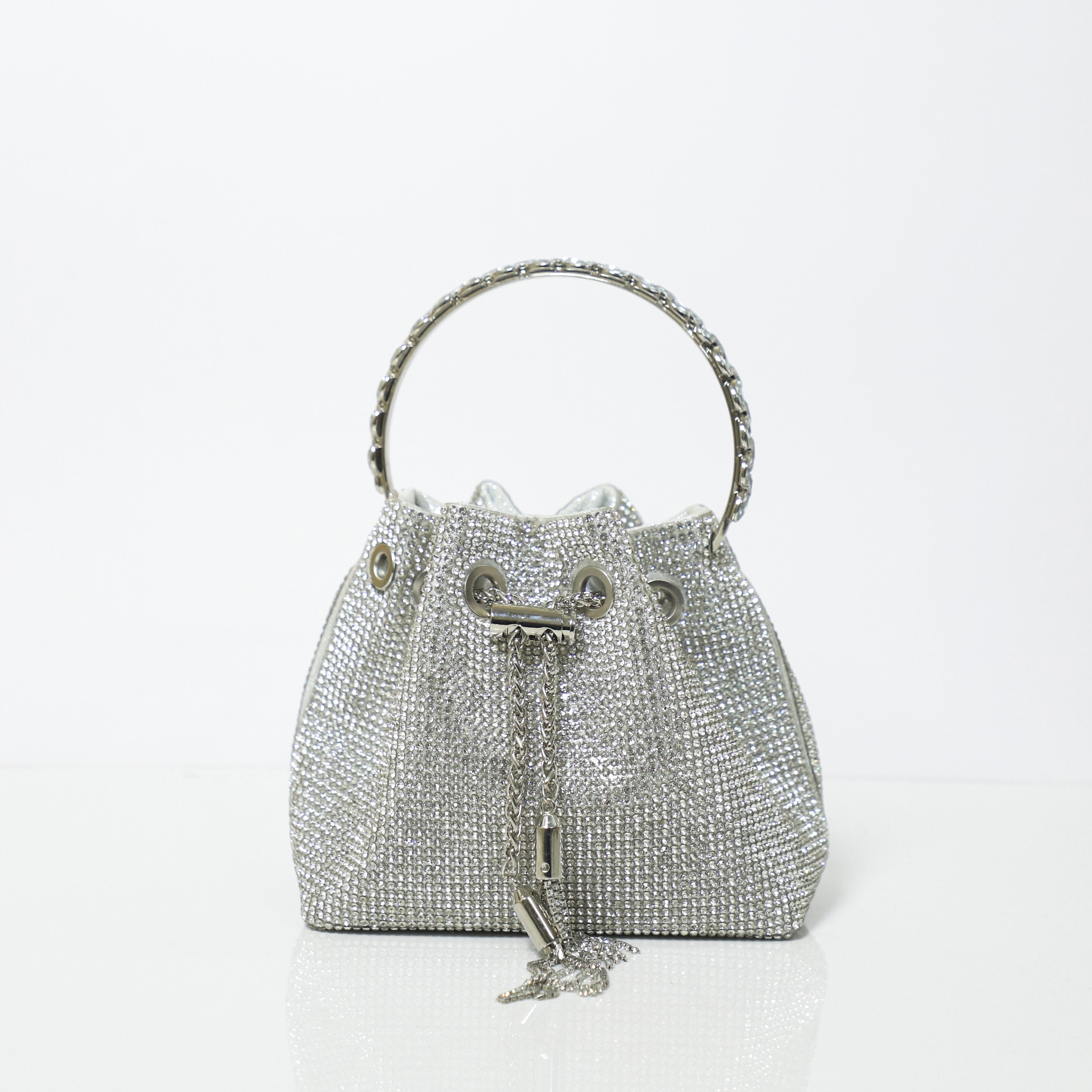 Silver Embellished Bucket Bag with Detachable Sling