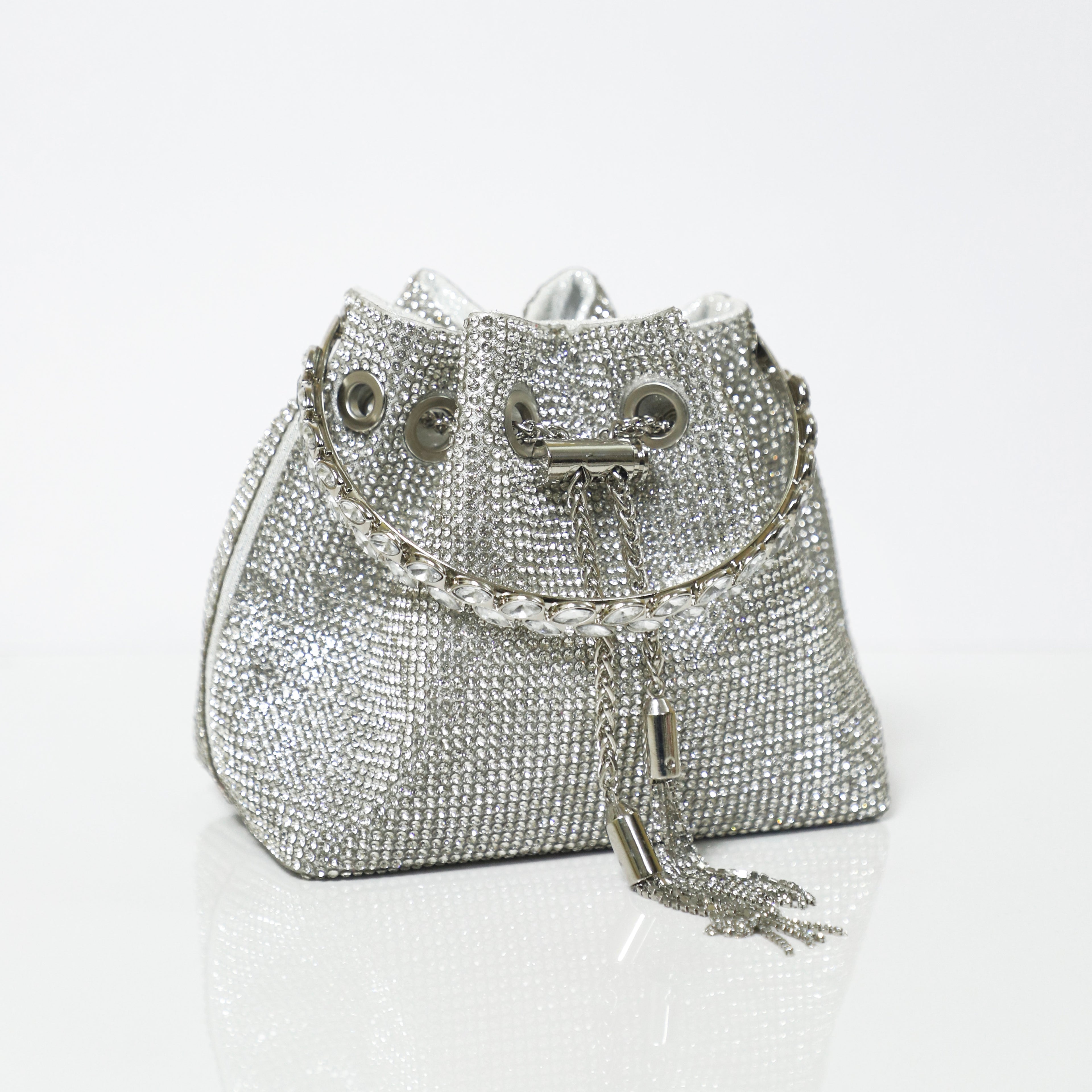 Silver Embellished Bucket Bag with Detachable Sling