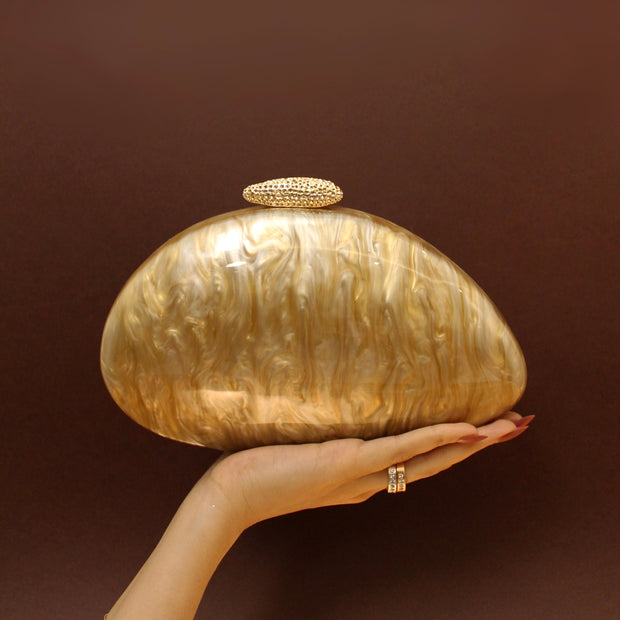 Gold Shell Acrylic clutch with Sling