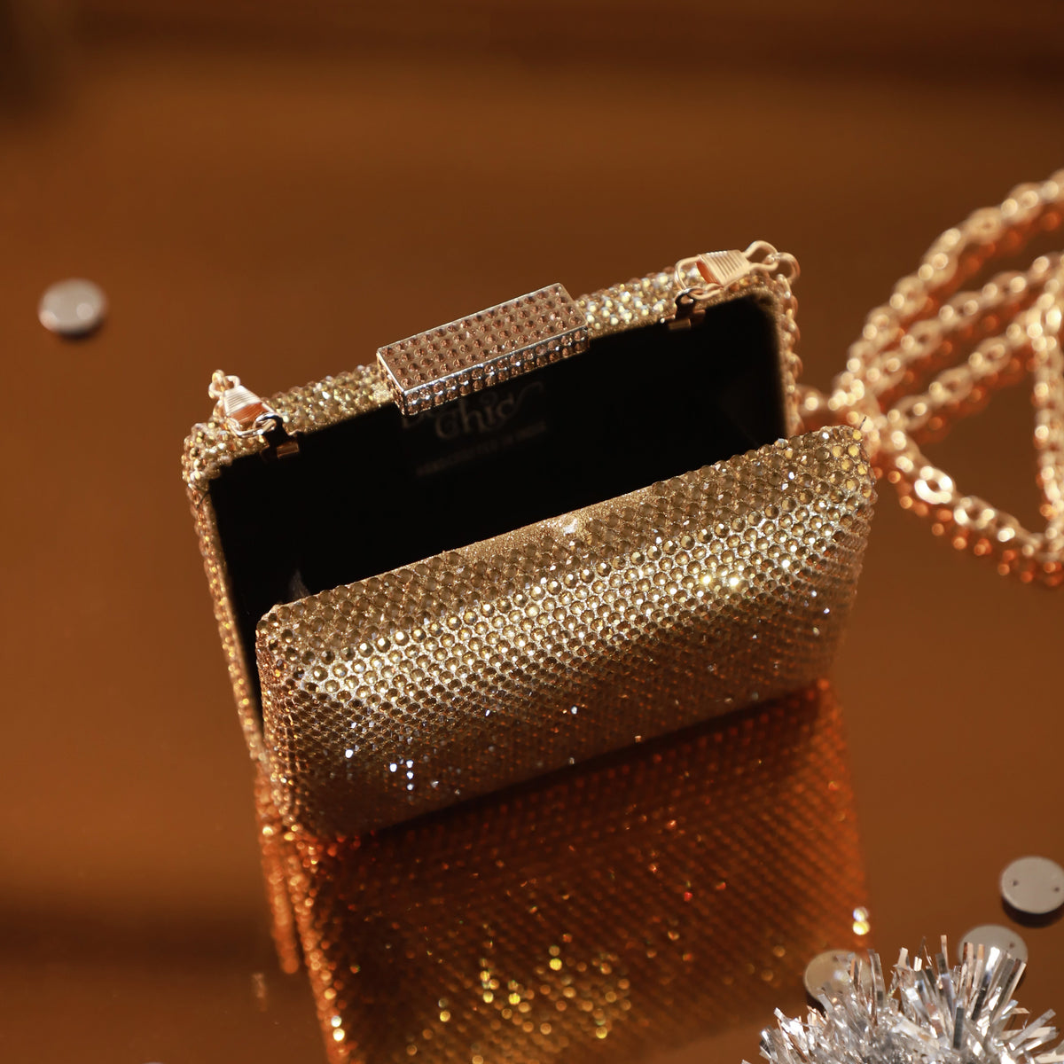 Gold Crystal Mini Box Clutch