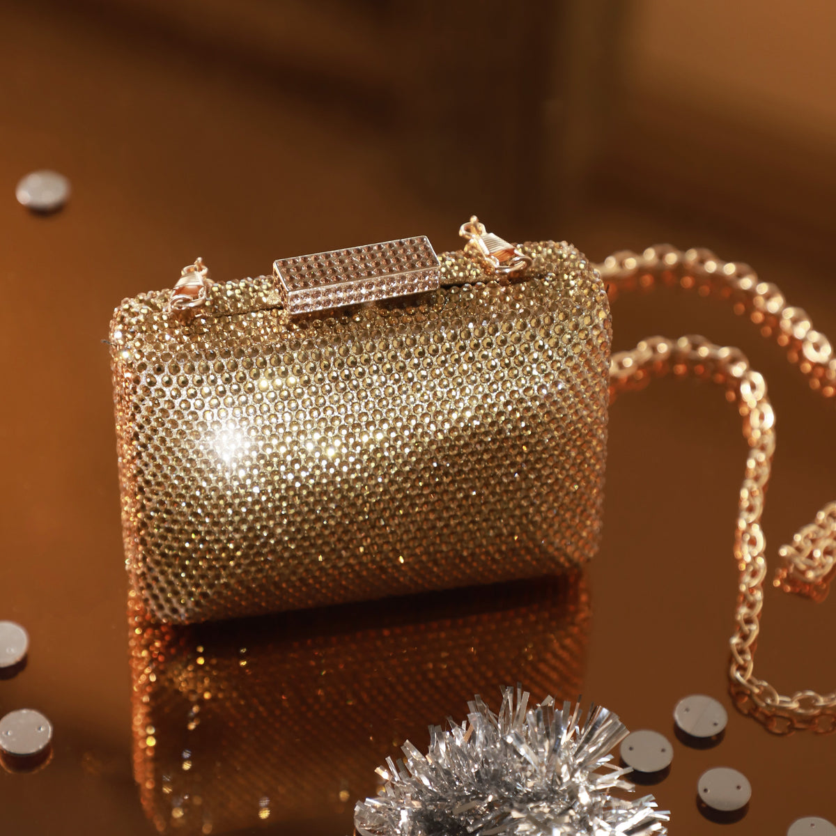 Gold Crystal Mini Box Clutch