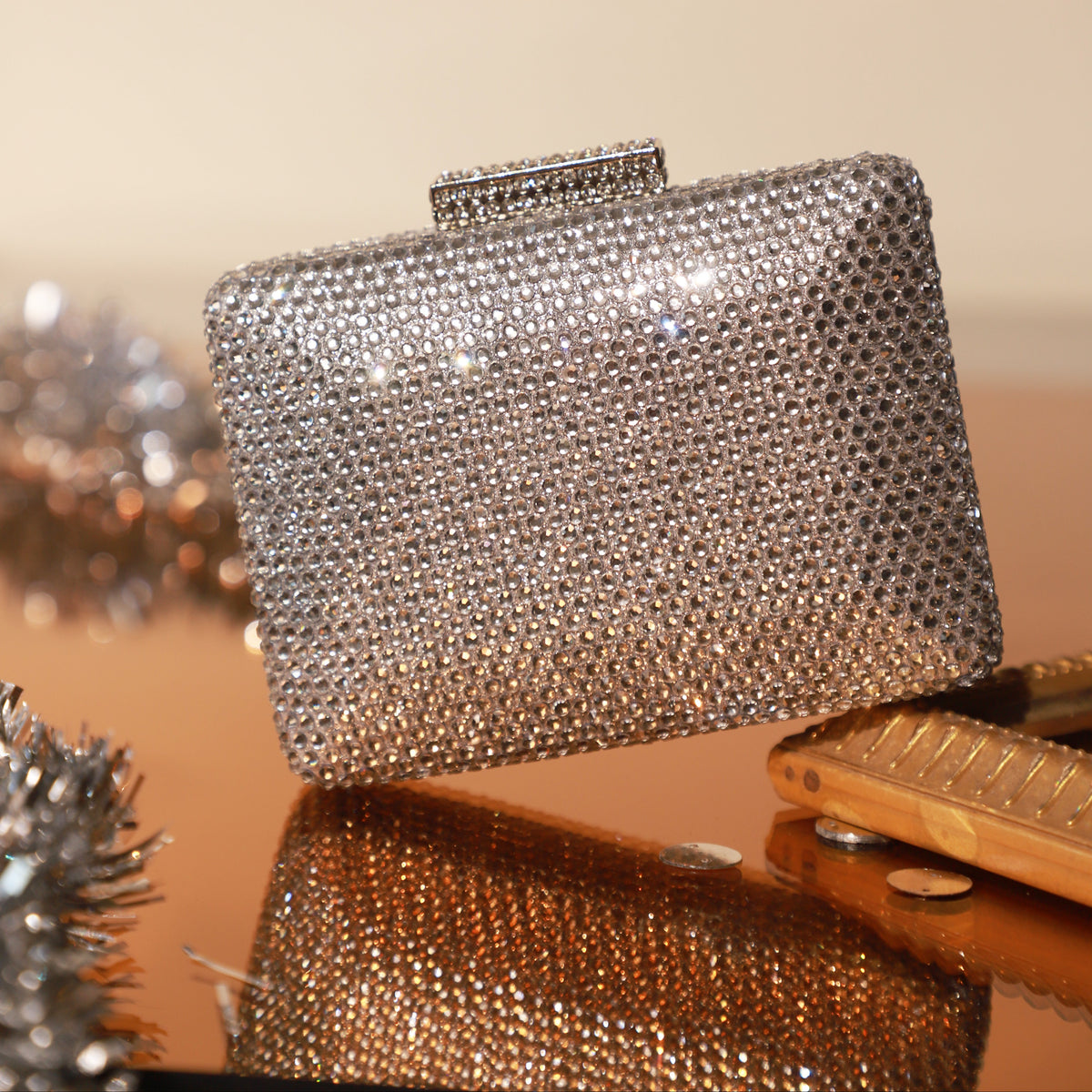 Silver Crystal Mini Box Clutch