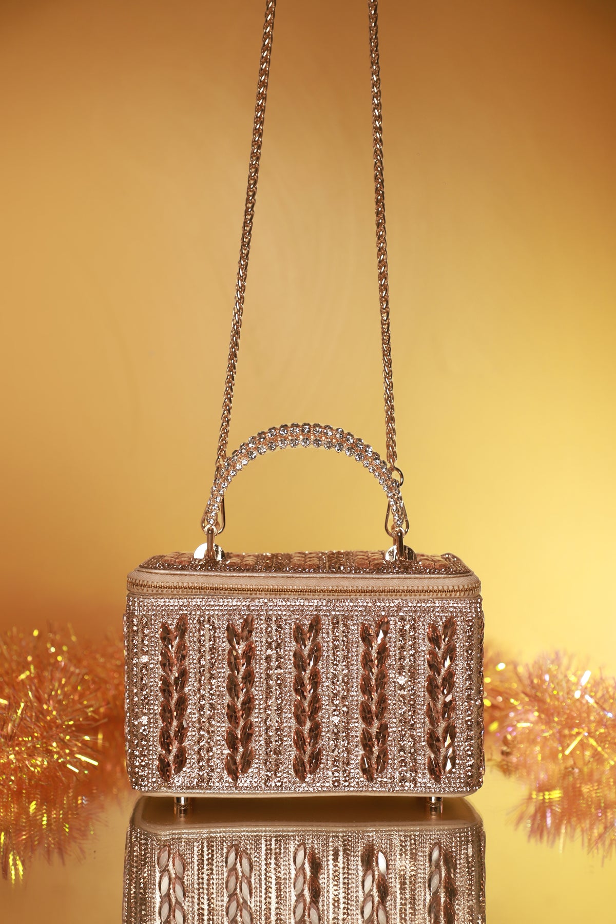 Rose Gold Crystal Leaf Luxe Vanity Bag